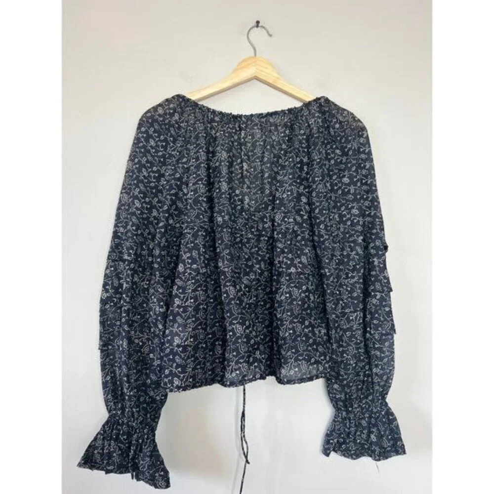 NWT Ulla Johnson Cora Puff-Sleeve Tie Layered Boat Neck Blouse Navy Blue Size: 2